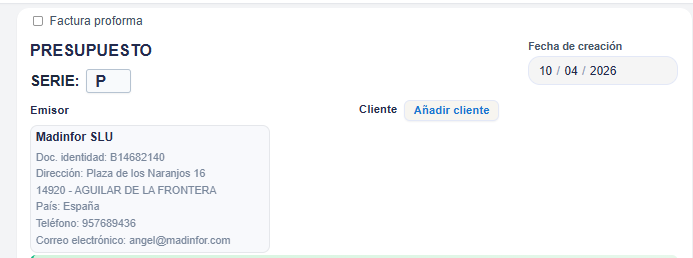 Cabecera del presupuesto: serie, número, fechas y método de pago