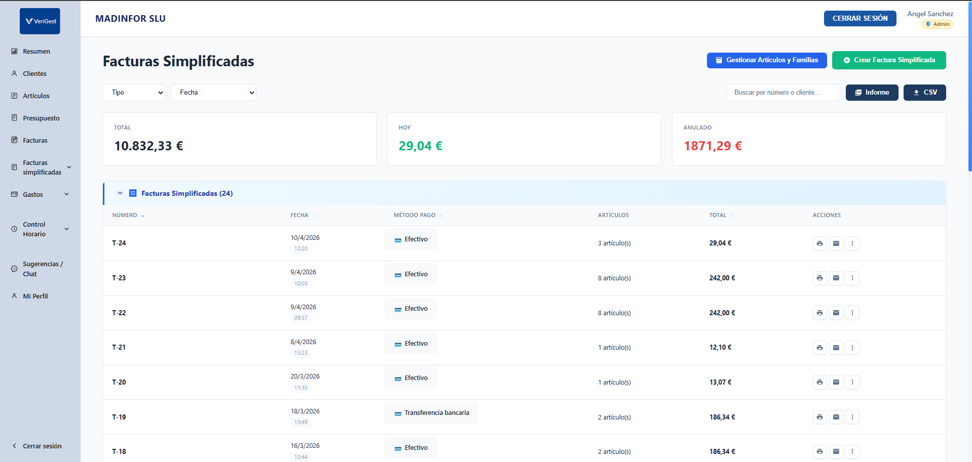 Listado de facturas simplificadas con filtros y estados