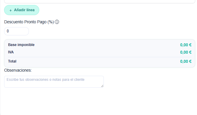 Base imponible, IVA, retención IRPF y total del presupuesto
